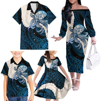 Blue Galaxy Polynesia Tribal Octopus Tattoo Family Matching Off The Shoulder Long Sleeve Dress and Hawaiian Shirt Pikake Lei Polynesian Pattern