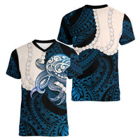Blue Galaxy Polynesia Tribal Octopus Tattoo Women V-Neck T-Shirt Pikake Lei Polynesian Pattern