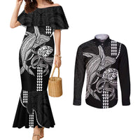 Kanaloa Aloha Hawaii Couples Matching Mermaid Dress and Long Sleeve Button Shirt Humpback Whale Octopus Tattoo Kakau Pattern