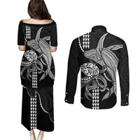 Kanaloa Aloha Hawaii Couples Matching Puletasi and Long Sleeve Button Shirt Humpback Whale Octopus Tattoo Kakau Pattern