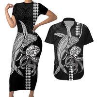 Kanaloa Aloha Hawaii Couples Matching Short Sleeve Bodycon Dress and Hawaiian Shirt Humpback Whale Octopus Tattoo Kakau Pattern