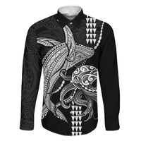 Kanaloa Aloha Hawaii Family Matching Off Shoulder Maxi Dress and Hawaiian Shirt Humpback Whale Octopus Tattoo Kakau Pattern LT14 Dad's Shirt - Long Sleeve Black - Polynesian Pride