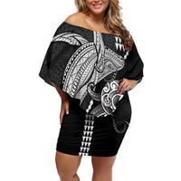 Kanaloa Aloha Hawaii Family Matching Off Shoulder Short Dress and Hawaiian Shirt Humpback Whale Octopus Tattoo Kakau Pattern LT14 Mom's Dress Black - Polynesian Pride