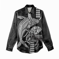 Kanaloa Aloha Hawaii Women Casual Shirt Humpback Whale Octopus Tattoo Kakau Pattern
