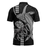 Kanaloa Aloha Hawaii Zipper Polo Shirt Humpback Whale Octopus Tattoo Kakau Pattern