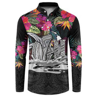 Personalised Hawaii Button Sweatshirt Humpback Whale Tattoo With Tropical Flowers Black