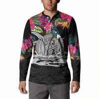Personalised Hawaii Button Sweatshirt Humpback Whale Tattoo With Tropical Flowers Black