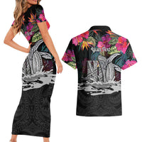 Personalised Hawaii Couples Matching Short Sleeve Bodycon Dress and Hawaiian Shirt Humpback Whale Tattoo With Tropical Flowers Black