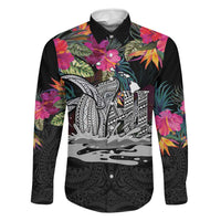 Personalised Hawaii Family Matching Off Shoulder Maxi Dress and Hawaiian Shirt Humpback Whale Tattoo With Tropical Flowers Black LT14 Dad's Shirt - Long Sleeve Black - Polynesian Pride