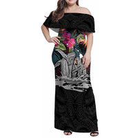 Personalised Hawaii Family Matching Off Shoulder Maxi Dress and Hawaiian Shirt Humpback Whale Tattoo With Tropical Flowers Black LT14 Mom's Dress Black - Polynesian Pride