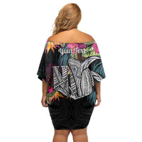 Personalised Hawaii Family Matching Off Shoulder Short Dress and Hawaiian Shirt Humpback Whale Tattoo With Tropical Flowers Black LT14 - Polynesian Pride