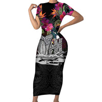 Personalised Hawaii Family Matching Short Sleeve Bodycon Dress and Hawaiian Shirt Humpback Whale Tattoo With Tropical Flowers Black LT14 Mom's Dress Black - Polynesian Pride