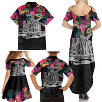 Personalised Hawaii Family Matching Summer Maxi Dress and Hawaiian Shirt Humpback Whale Tattoo With Tropical Flowers Black LT14 - Polynesian Pride
