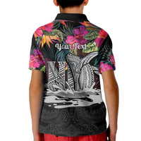 Personalised Hawaii Kid Polo Shirt Humpback Whale Tattoo With Tropical Flowers Black
