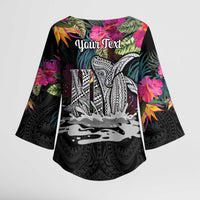 Personalised Hawaii Kimono Sleeve Blouse Humpback Whale Tattoo With Tropical Flowers Black