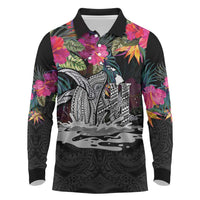 Personalised Hawaii Long Sleeve Polo Shirt Humpback Whale Tattoo With Tropical Flowers Black