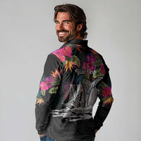 Personalised Hawaii Long Sleeve Polo Shirt Humpback Whale Tattoo With Tropical Flowers Black