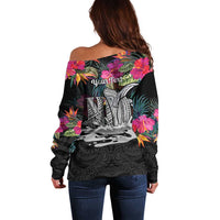 Personalised Hawaii Off Shoulder Sweater Humpback Whale Tattoo With Tropical Flowers Black