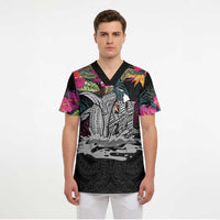 Personalised Hawaii Scrub Top Humpback Whale Tattoo With Tropical Flowers Black