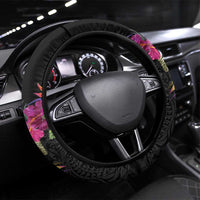 Hawaii Steering Wheel Cover Humpback Whale Tattoo With Tropical Flowers Black