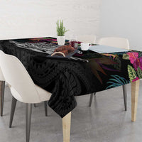 Personalised Hawaii Tablecloth Humpback Whale Tattoo With Tropical Flowers Black