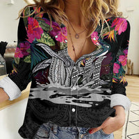 Personalised Hawaii Women Casual Shirt Humpback Whale Tattoo With Tropical Flowers Black