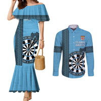 Personalised Fiji Darts Couples Matching Mermaid Dress and Long Sleeve Button Shirt Fijian Tapa Pattern - Blue LT14 Blue - Polynesian Pride