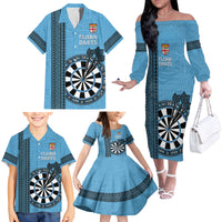 Personalised Fiji Darts Family Matching Off The Shoulder Long Sleeve Dress and Hawaiian Shirt Fijian Tapa Pattern - Blue LT14 - Polynesian Pride