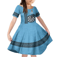 Personalised Fiji Darts Family Matching Short Sleeve Bodycon Dress and Hawaiian Shirt Fijian Tapa Pattern - Blue LT14 Daughter's Dress Blue - Polynesian Pride
