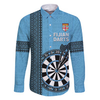 Personalised Fiji Darts Family Matching Short Sleeve Bodycon Dress and Hawaiian Shirt Fijian Tapa Pattern - Blue LT14 Dad's Shirt - Long Sleeve Blue - Polynesian Pride