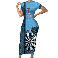 Personalised Fiji Darts Family Matching Short Sleeve Bodycon Dress and Hawaiian Shirt Fijian Tapa Pattern - Blue LT14 Mom's Dress Blue - Polynesian Pride