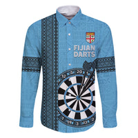 Personalised Fiji Darts Family Matching Tank Maxi Dress and Hawaiian Shirt Fijian Tapa Pattern - Blue LT14 Dad's Shirt - Long Sleeve Blue - Polynesian Pride