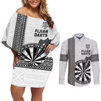 Personalised Fiji Darts Couples Matching Off Shoulder Short Dress and Long Sleeve Button Shirt Fijian Tapa Pattern - White LT14 White - Polynesian Pride