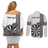 Personalised Fiji Darts Couples Matching Off Shoulder Short Dress and Long Sleeve Button Shirt Fijian Tapa Pattern - White LT14 - Polynesian Pride