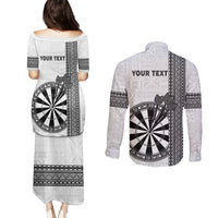 Personalised Fiji Darts Couples Matching Puletasi and Long Sleeve Button Shirt Fijian Tapa Pattern - White LT14 - Polynesian Pride