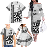 Personalised Fiji Darts Family Matching Off The Shoulder Long Sleeve Dress and Hawaiian Shirt Fijian Tapa Pattern - White LT14 - Polynesian Pride