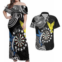 Personalised Cook Islands Darts Couples Matching Off Shoulder Maxi Dress and Hawaiian Shirt Kuki Airani Tribal Pattern LT14 Black - Polynesian Pride