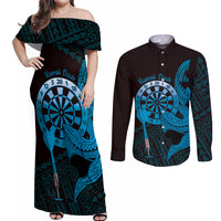 Aloha Hawaii Darts Couples Matching Off Shoulder Maxi Dress and Long Sleeve Button Shirt Dart Board With Polynesian Shark - Blue