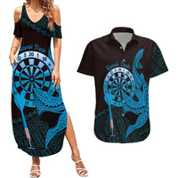Aloha Hawaii Darts Couples Matching Summer Maxi Dress and Hawaiian Shirt Dart Board With Polynesian Shark - Blue