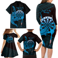 Aloha Hawaii Darts Family Matching Long Sleeve Bodycon Dress and Hawaiian Shirt Dart Board With Polynesian Shark - Blue LT14 - Polynesian Pride