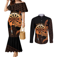 Aloha Hawaii Darts Couples Matching Mermaid Dress and Long Sleeve Button Shirt Dart Board With Polynesian Shark - Gold