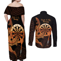 Aloha Hawaii Darts Couples Matching Off Shoulder Maxi Dress and Long Sleeve Button Shirt Dart Board With Polynesian Shark - Gold