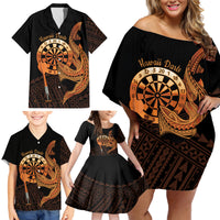 Aloha Hawaii Darts Family Matching Off Shoulder Short Dress and Hawaiian Shirt Dart Board With Polynesian Shark - Gold LT14 - Polynesian Pride