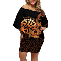 Aloha Hawaii Darts Family Matching Off Shoulder Short Dress and Hawaiian Shirt Dart Board With Polynesian Shark - Gold LT14 Mom's Dress Gold - Polynesian Pride