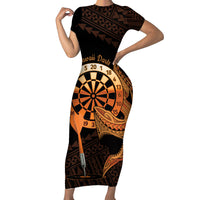 Aloha Hawaii Darts Family Matching Short Sleeve Bodycon Dress and Hawaiian Shirt Dart Board With Polynesian Shark - Gold LT14 Mom's Dress Gold - Polynesian Pride