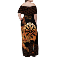 Aloha Hawaii Darts Off Shoulder Maxi Dress Dart Board With Polynesian Shark - Gold LT14 - Polynesian Pride