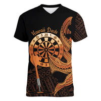 Aloha Hawaii Darts Women V-Neck T-Shirt Dart Board With Polynesian Shark - Gold