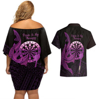Aloha Hawaii Darts Couples Matching Off Shoulder Short Dress and Hawaiian Shirt Dart Board With Polynesian Shark - Purple