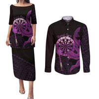 Aloha Hawaii Darts Couples Matching Puletasi and Long Sleeve Button Shirt Dart Board With Polynesian Shark - Purple LT14 Purple - Polynesian Pride