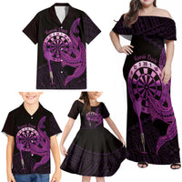 Aloha Hawaii Darts Family Matching Off Shoulder Maxi Dress and Hawaiian Shirt Dart Board With Polynesian Shark - Purple LT14 - Polynesian Pride